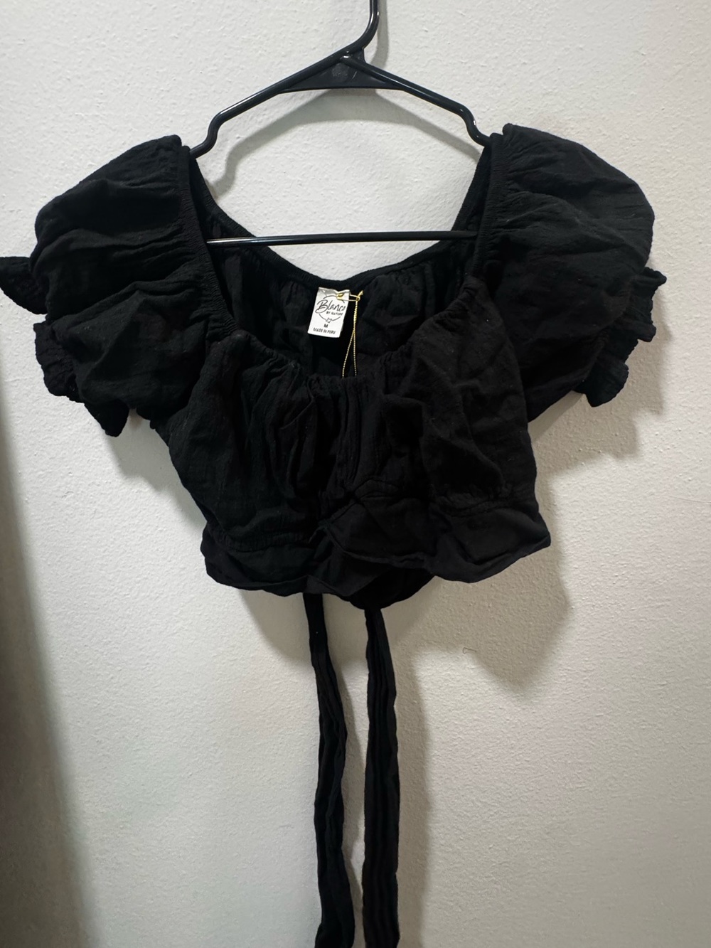 Boho Black Puff-Sleeve Crop Top with Tie Back